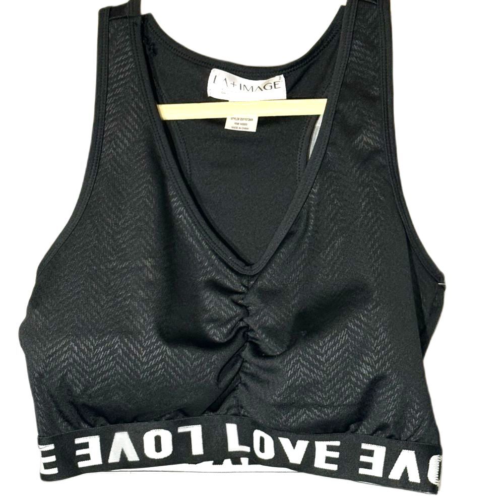 LA+ Image athletic bra padded cups LOVE‎ band size L herringbone self pattern
